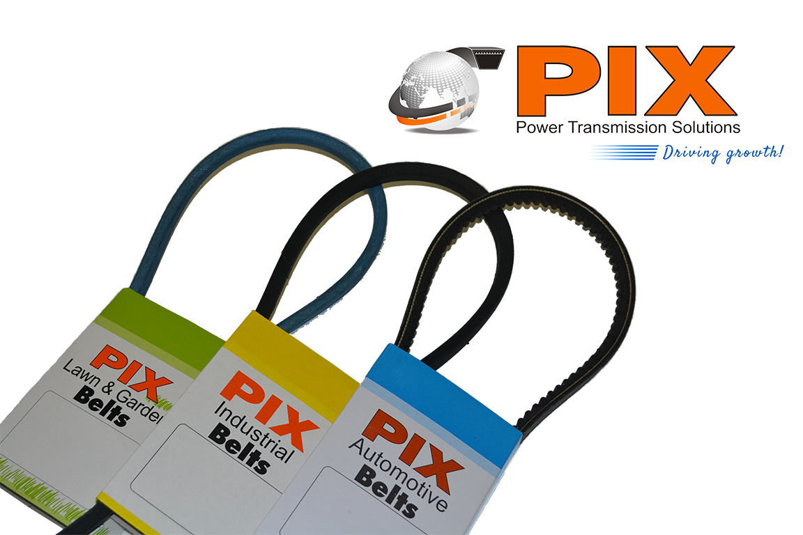 A collection of various sized black toothed drive belts with blue and red inner details resting on a white surface.