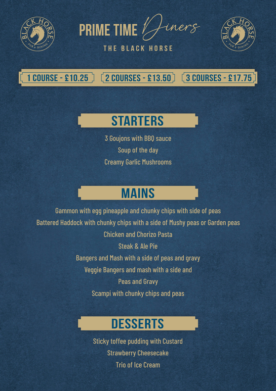 A menu for prime time diners includes starters mains and desserts