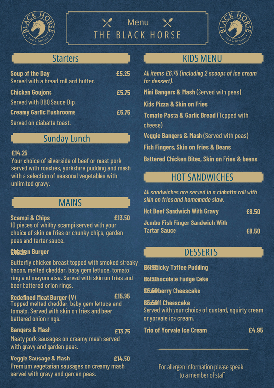 A menu for a restaurant called the black horse