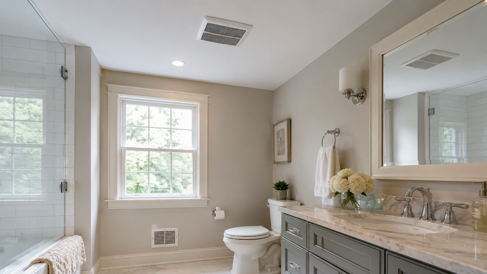Bathroom mirror fog and moisture near exhaust fan