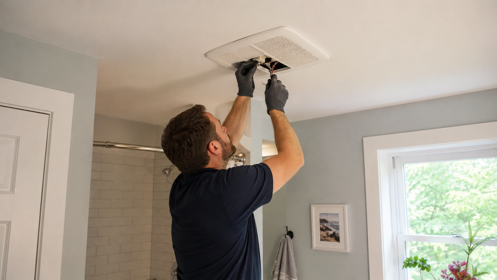 Bathroom exhaust fan duct vented to the outside through the roof