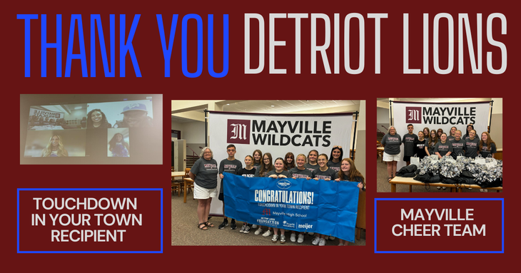 Pictures of Mayville Cheer Team accepting gift from Detroit Lions