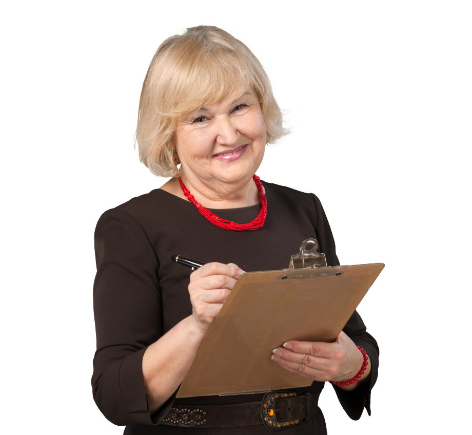 A woman is smiling while holding a clipboard and a pen.