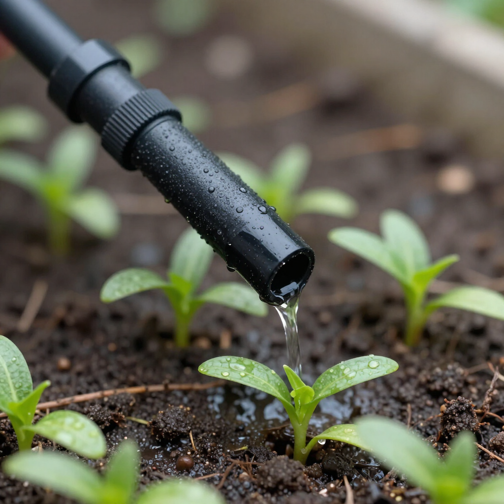 Riego por goteo: emisor y suelo húmedo en cultivo