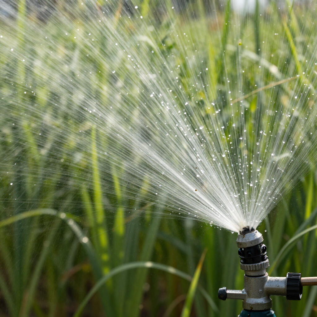 Rociado de agua de aspersor en riego agrícola