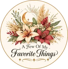 Floral circular design with moon and flowers, reading “A Few of My Favorite Things”