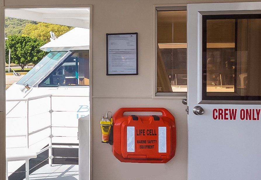 A life cell is hanging on a wall next to a door that says crew only. LIFECELL products
