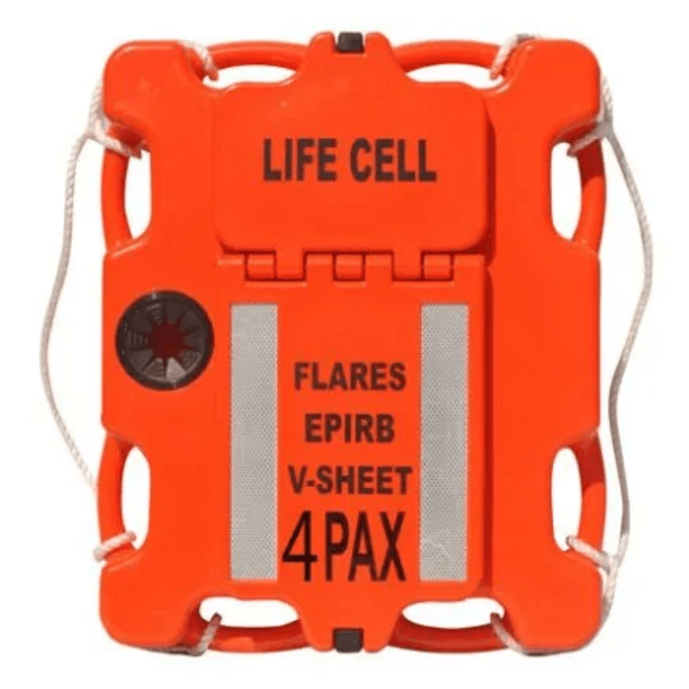 An orange life cell with the words life cell flares epirb v-sheet 4pax on it LIFECELL products