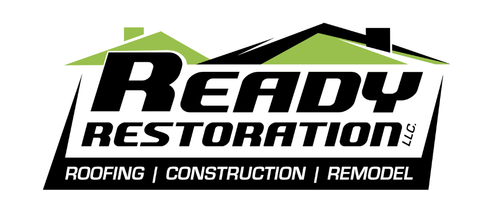 Logo of Ready Restoration LLC, with black text on a white and green background: 