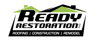 Logo of Ready Restoration LLC, with black text on a white and green background: 