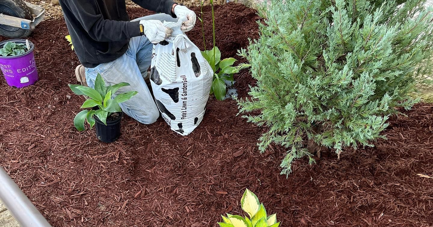 A man is kneeling down in a garden holding a bag of mulch.