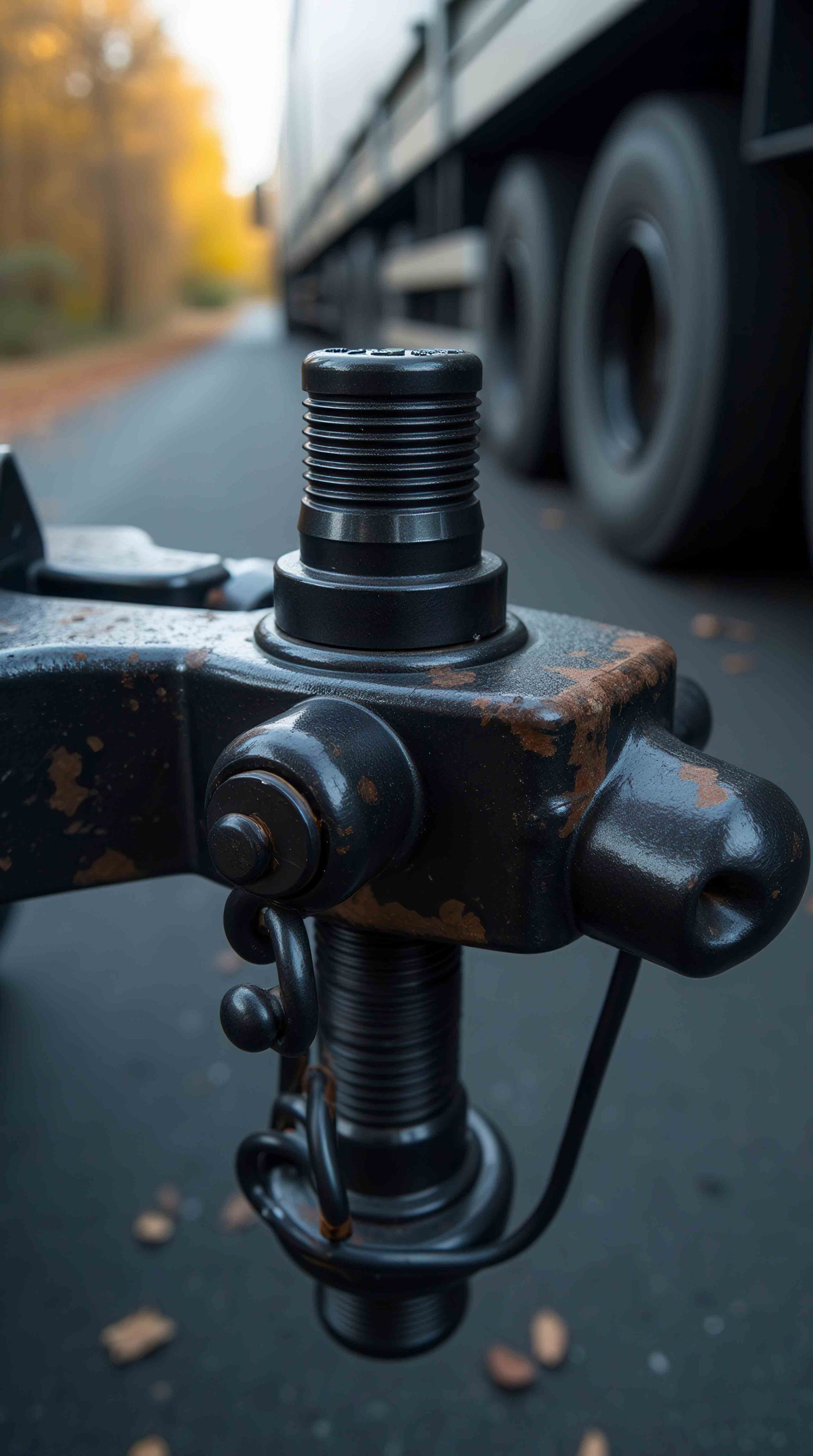Close-up of a rusty trailer hitch on a road, with a semi-truck in the background. Close-up of a rusty trailer hitch on a road, with a semi-truck in the background.