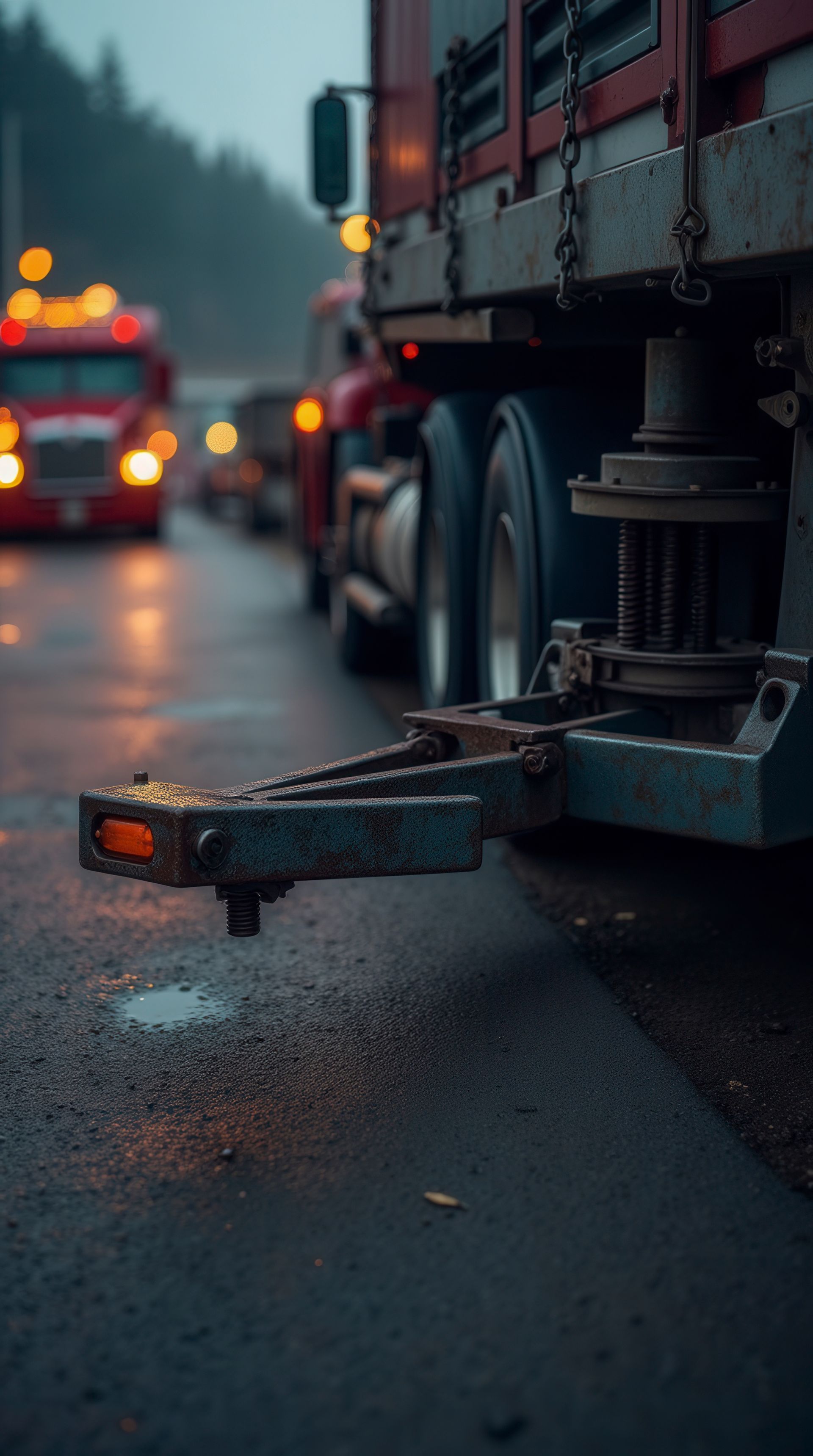 Tow truck detail with other trucks on a wet road. Rear view, orange lights, overcast. Tow truck detail with other trucks on a wet road. Rear view, orange lights, overcast.