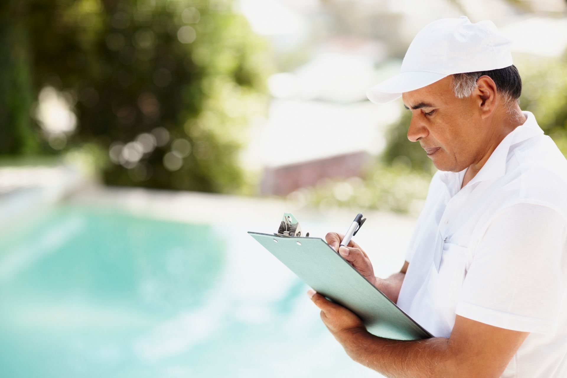 Person in white uniform writing on a clipboard near a swimming pool. Person in white uniform writing on a clipboard near a swimming pool.