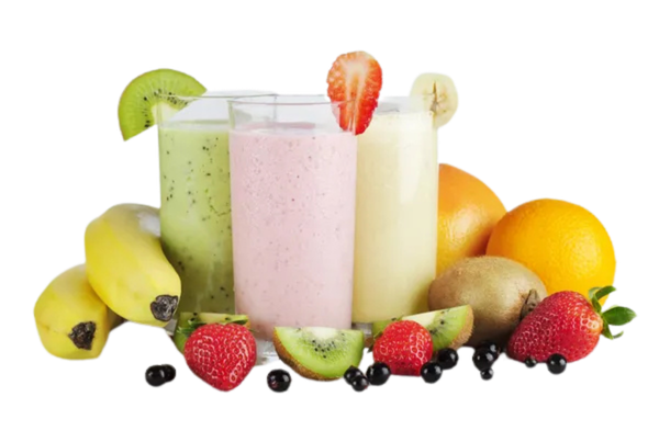 Three fruit smoothies with peach, strawberry and blackberry
