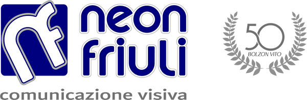 Logo di comunicazione visiva di Neon Friuli con un emblema di alloro argentato per il 50° anniversario.