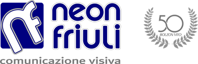 Logo di comunicazione visiva di Neon Friuli con un emblema di alloro argentato per il 50° anniversario.