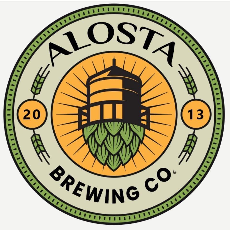 Alosta Brewing Co. logo: Round seal with text, wheat, and a brewery illustration over a hop.