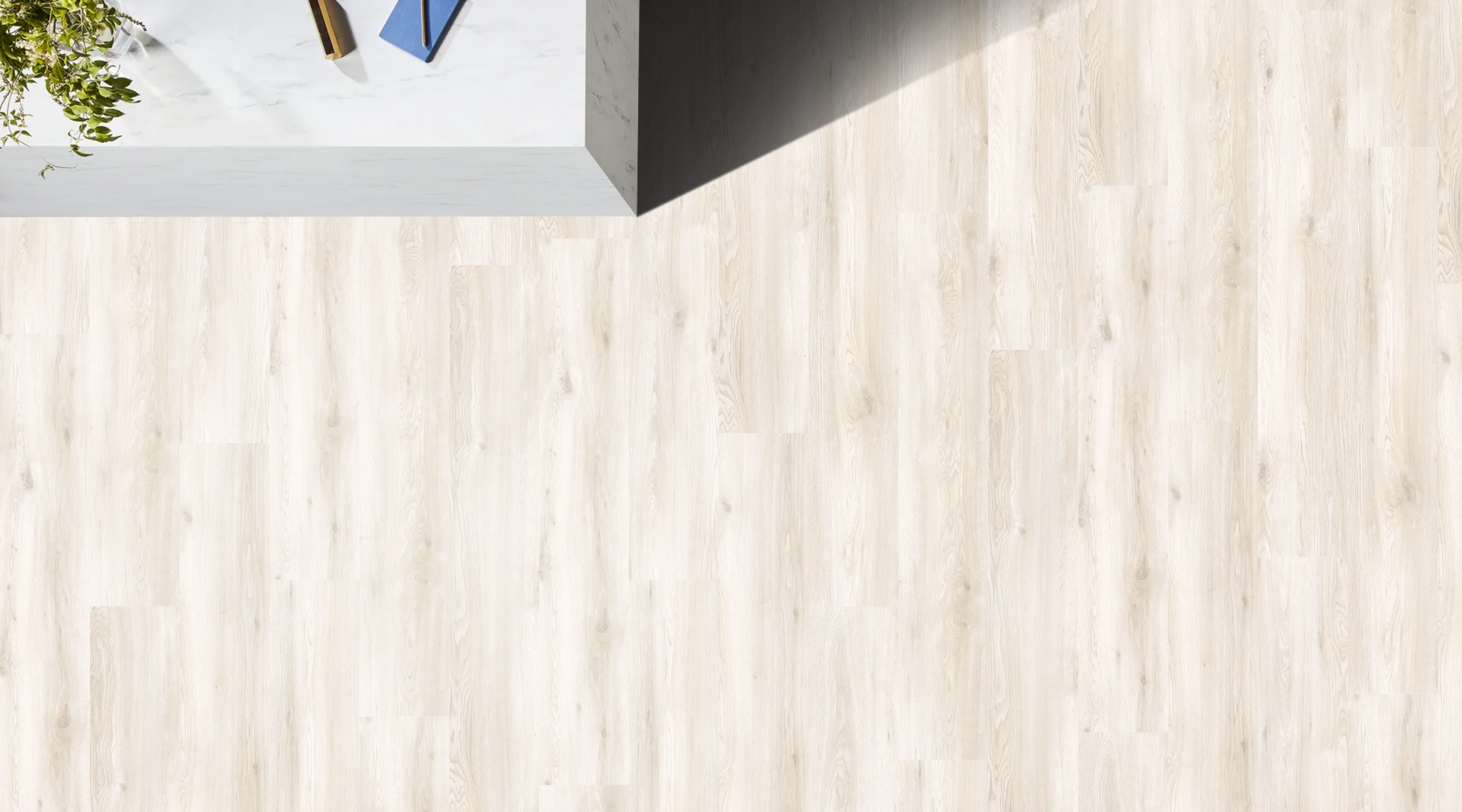 Overhead shot: Light wood floor and corner of white desk with greenery and stationary.