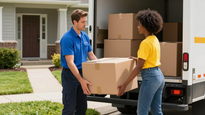 Mover delivering a packed box to a customer during a residential move by Renton Movers Pros, WA.