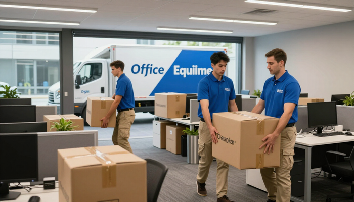 Office movers transporting packed boxes during a commercial relocation by Renton Movers Pros, WA team.