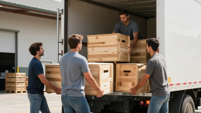 Moving crew loading wooden crates into a truck for a safe residential move with Renton Movers Pros, WA.