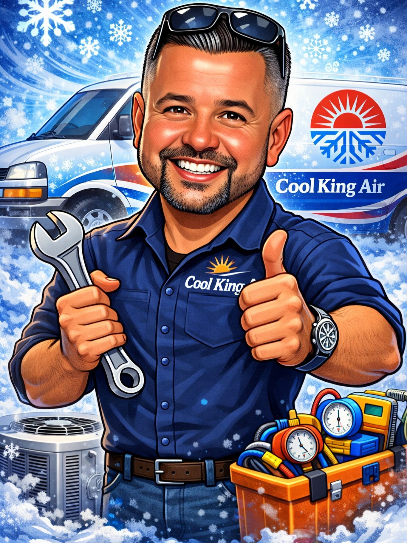 Smiling HVAC technician holding wrench and thumbs-up beside a Cool King Air van and tools