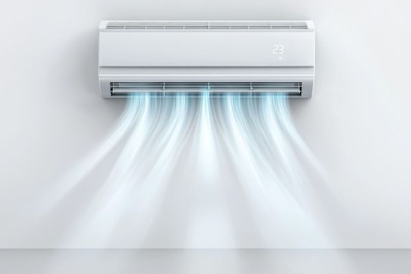 Wall-mounted air conditioner blowing cool air into a white room