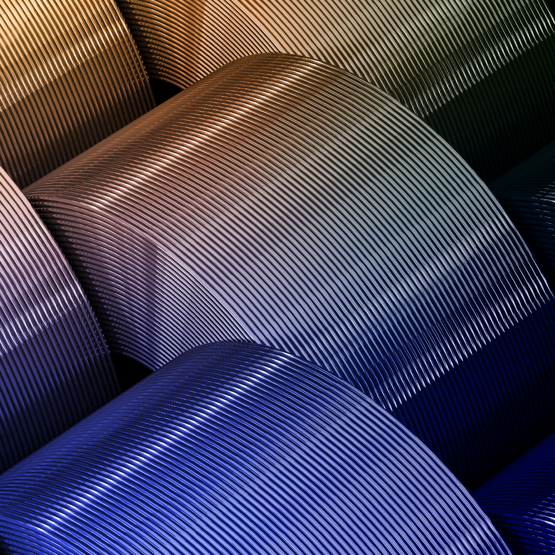 Close-up of curved metallic surfaces with repeating lines, creating an abstract industrial texture.