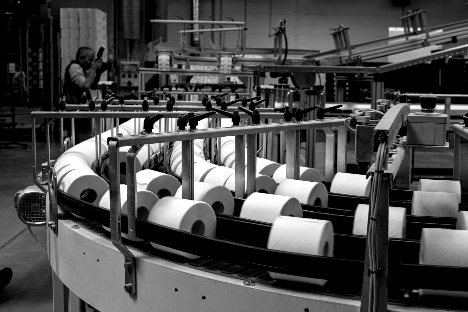 Automated production line moving rolls of paper products inside a large industrial manufacturing facility.