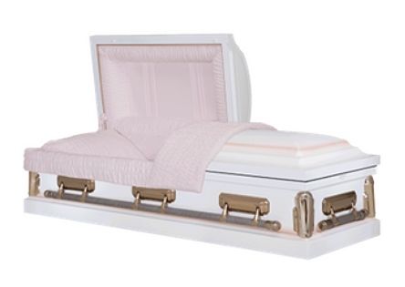 White casket with pink interior and raised lid on a white base