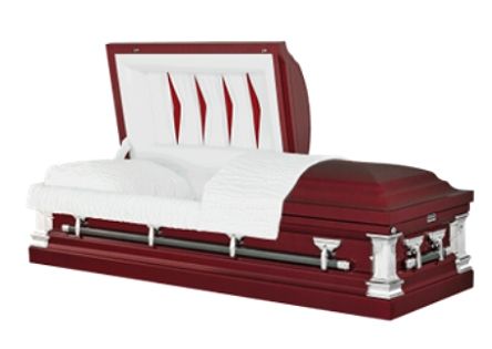 Maroon and white open casket with raised lid and white interior upholstery