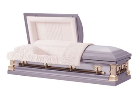 Gray and gold casket with open lid and white satin lining