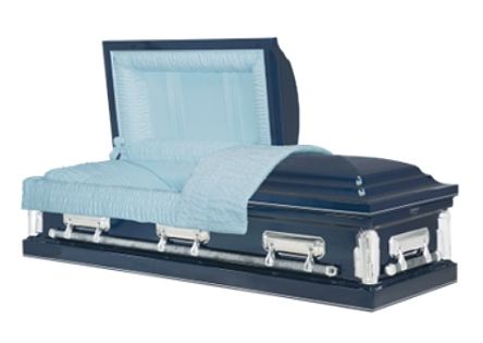 Light blue-lined black coffin with open lid and interior padding