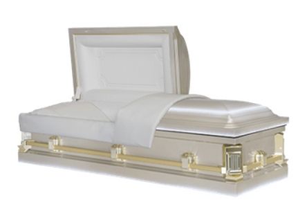 White satin coffin with open lid and gold accents on a white background