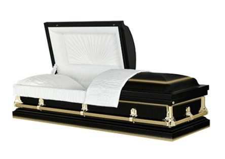 Black and white open casket with white-lined interior on a plain white background