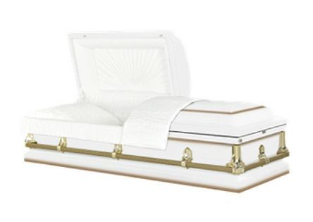 White and gold casket with an open lid on a white background