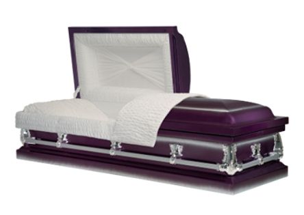 Open burgundy casket with white interior lining