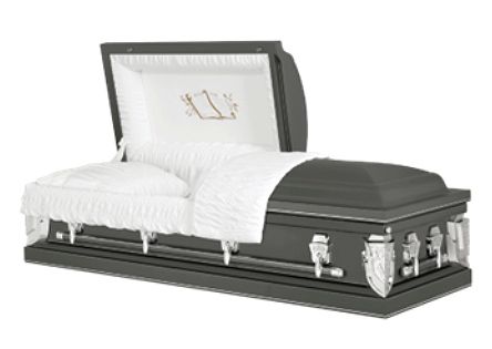 Open black casket with white satin lining and pillows, shown with the lid raised.