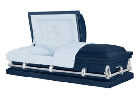 White and navy blue casket with open lid on a dark base
