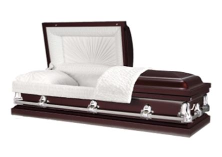 Open casket with white interior and dark mahogany exterior, shown with silver handles.