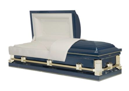 Open blue and white casket with cream interior on a white background
