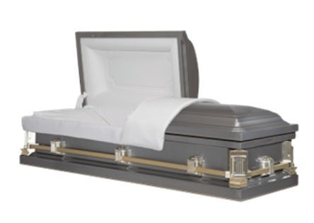 Silver casket with white lining and lid open, shown on a plain white background