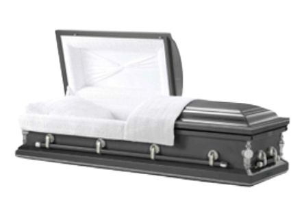 Silver casket with white lining and open lid on display