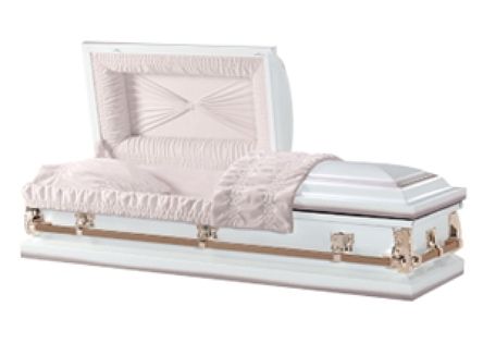 Pink satin casket with matching pillow and silver trim on a white background