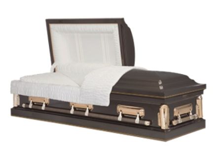 White casket with dark brown trim and silver handles, lid open to show white interior lining
