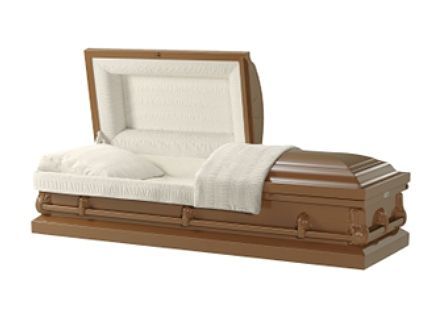 White funeral casket with open lid, satin lining, and brown wood finish