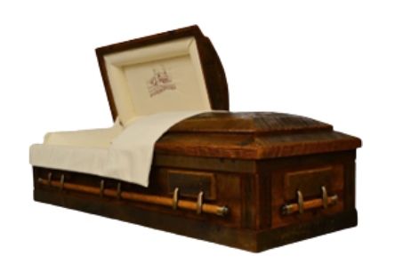 Wooden casket with open cream-colored lid and interior lining