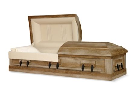 Wooden casket with beige interior, lid open, on white background