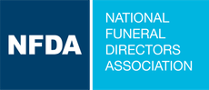 NFDA logo with white letters on dark blue and cyan blocks, National Funeral Directors Association text